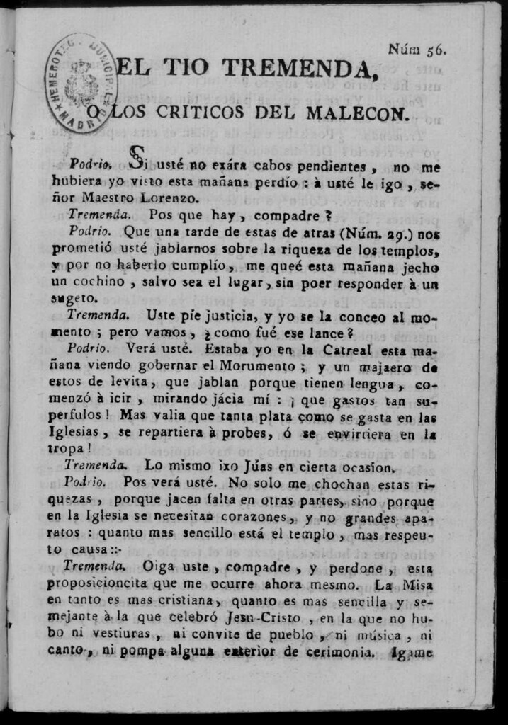 Miniatura de El Tío Tremenda ó Los Críticos del Malecón : papel periódico publicado en esta ciudad / su autor D.J.M.D.R. Número 56