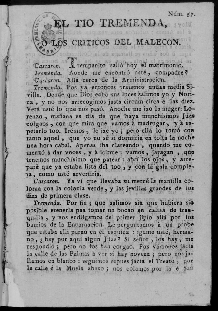 Miniatura de El Tío Tremenda ó Los Críticos del Malecón : papel periódico publicado en esta ciudad / su autor D.J.M.D.R. Número 57