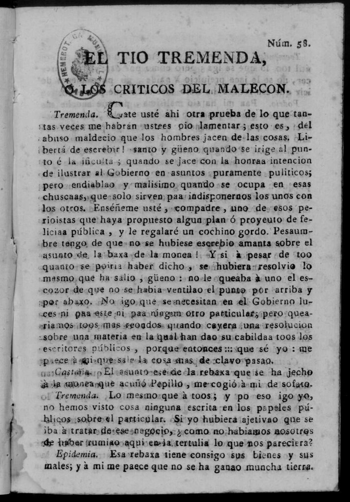 Miniatura de El Tío Tremenda ó Los Críticos del Malecón : papel periódico publicado en esta ciudad / su autor D.J.M.D.R. Número 58