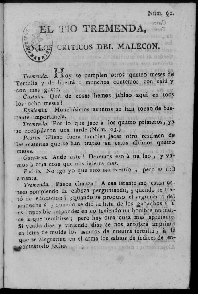 Miniatura de El Tío Tremenda ó Los Críticos del Malecón : papel periódico publicado en esta ciudad / su autor D.J.M.D.R. Número 60