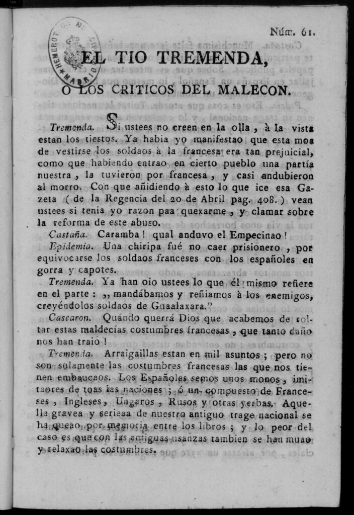 Miniatura de El Tío Tremenda ó Los Críticos del Malecón : papel periódico publicado en esta ciudad / su autor D.J.M.D.R. Número 61