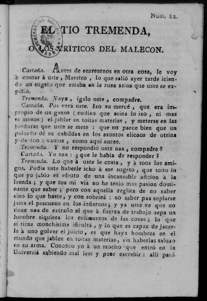 Miniatura de El Tío Tremenda ó Los Críticos del Malecón : papel periódico publicado en esta ciudad / su autor D.J.M.D.R. Número 62