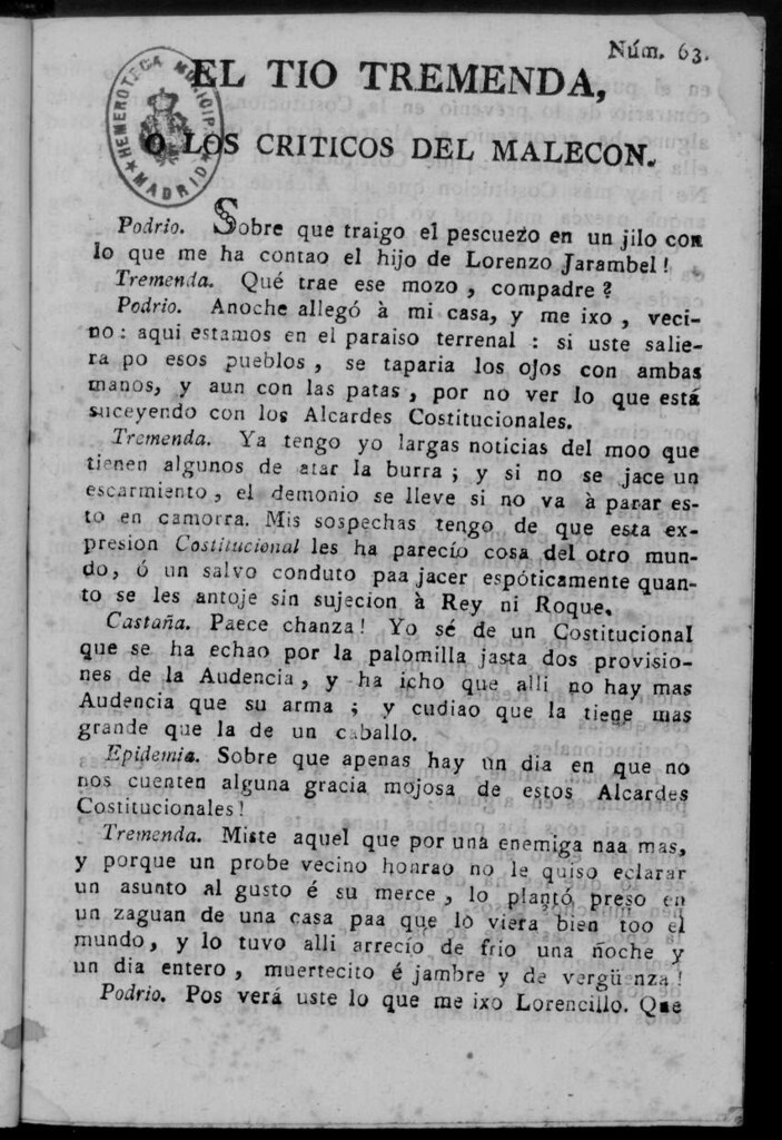 Miniatura de El Tío Tremenda ó Los Críticos del Malecón : papel periódico publicado en esta ciudad / su autor D.J.M.D.R. Número 63