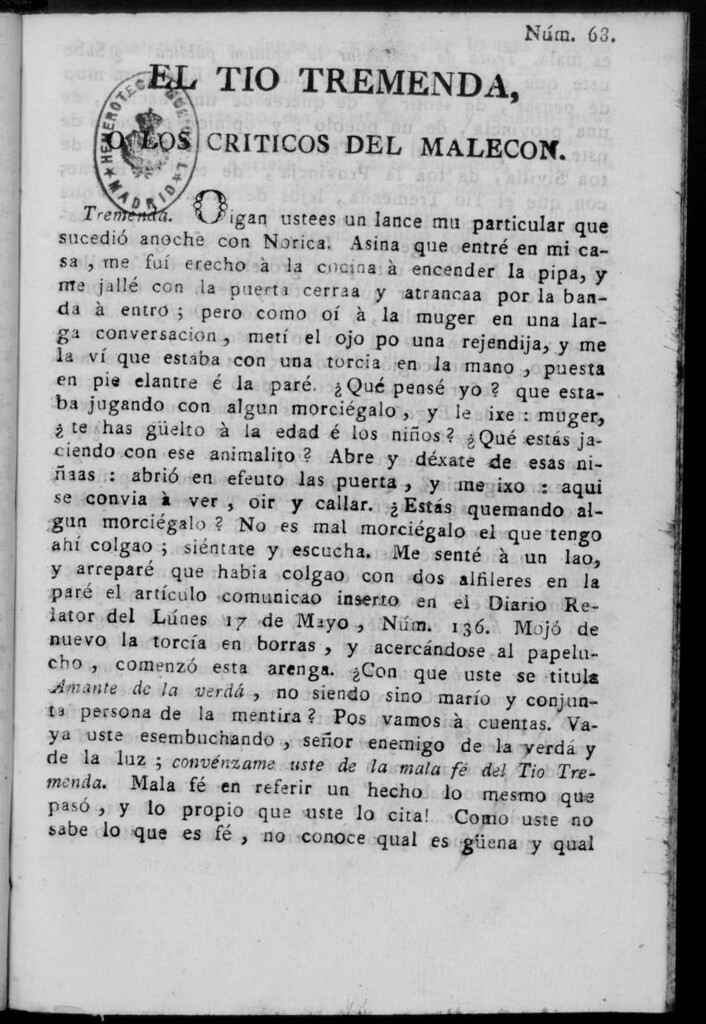 Miniatura de El Tío Tremenda ó Los Críticos del Malecón : papel periódico publicado en esta ciudad / su autor D.J.M.D.R. Número 68