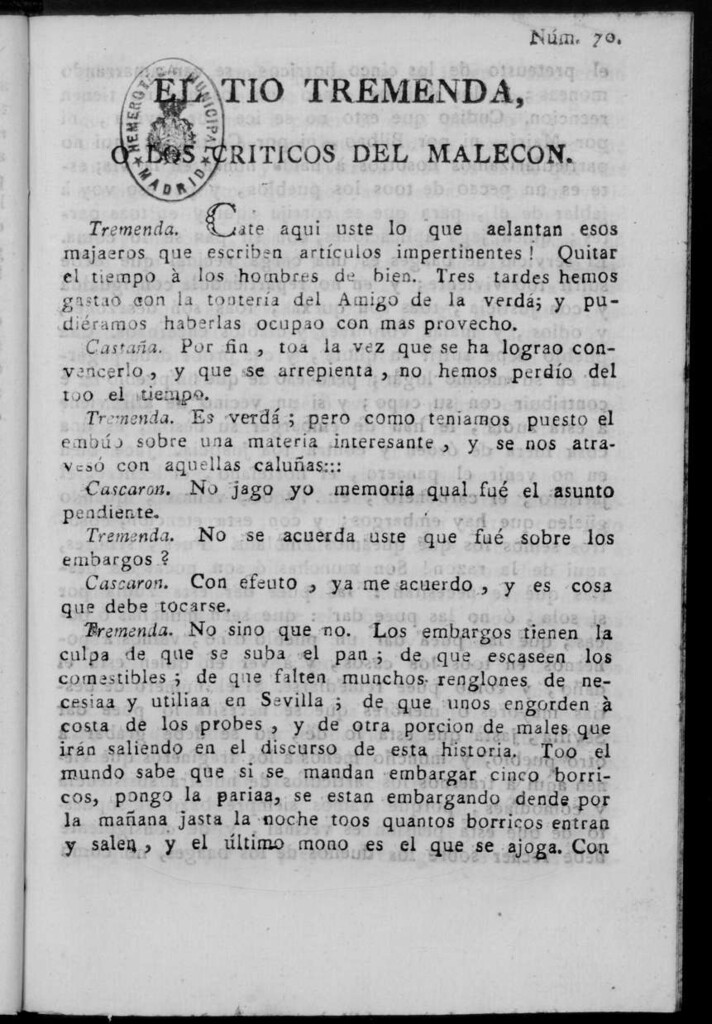 Miniatura de El Tío Tremenda ó Los Críticos del Malecón : papel periódico publicado en esta ciudad / su autor D.J.M.D.R. Número 70