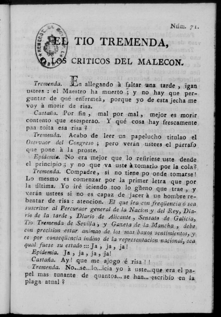 Miniatura de El Tío Tremenda ó Los Críticos del Malecón : papel periódico publicado en esta ciudad / su autor D.J.M.D.R. Número 71
