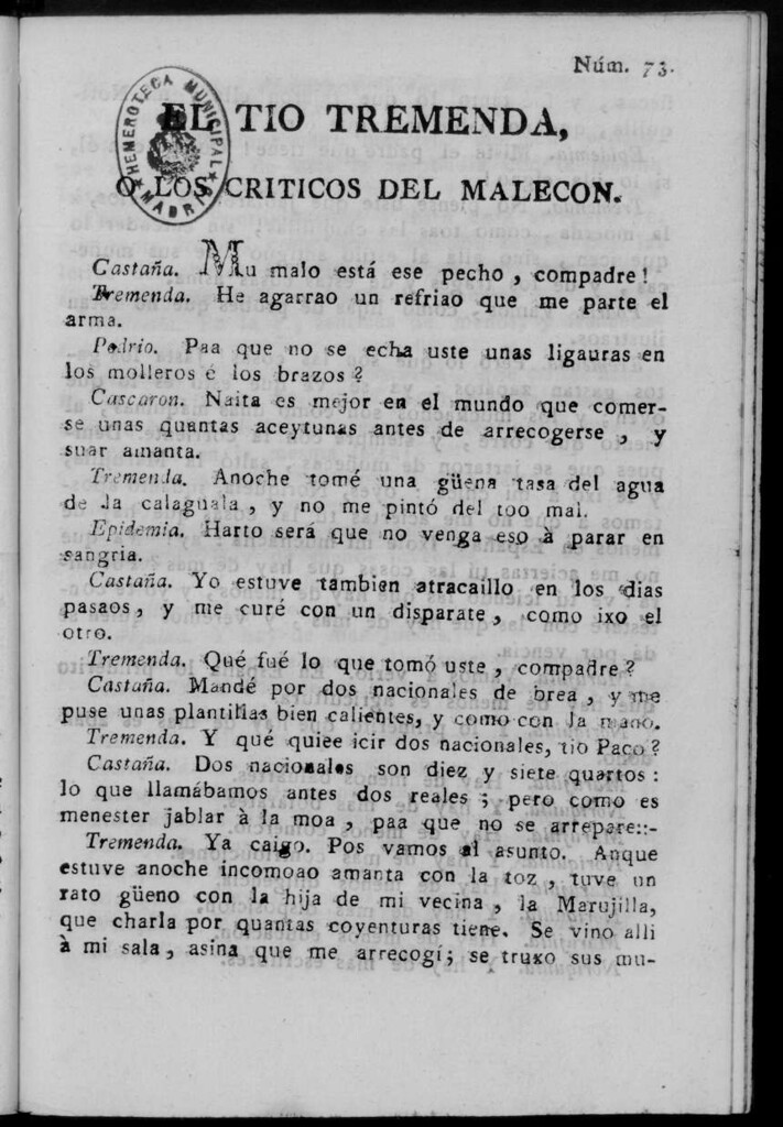 Miniatura de El Tío Tremenda ó Los Críticos del Malecón : papel periódico publicado en esta ciudad / su autor D.J.M.D.R. Número 73