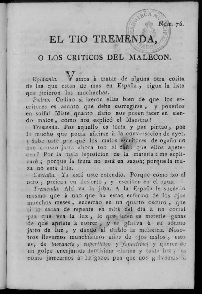 Miniatura de El Tío Tremenda ó Los Críticos del Malecón : papel periódico publicado en esta ciudad / su autor D.J.M.D.R. Número 76