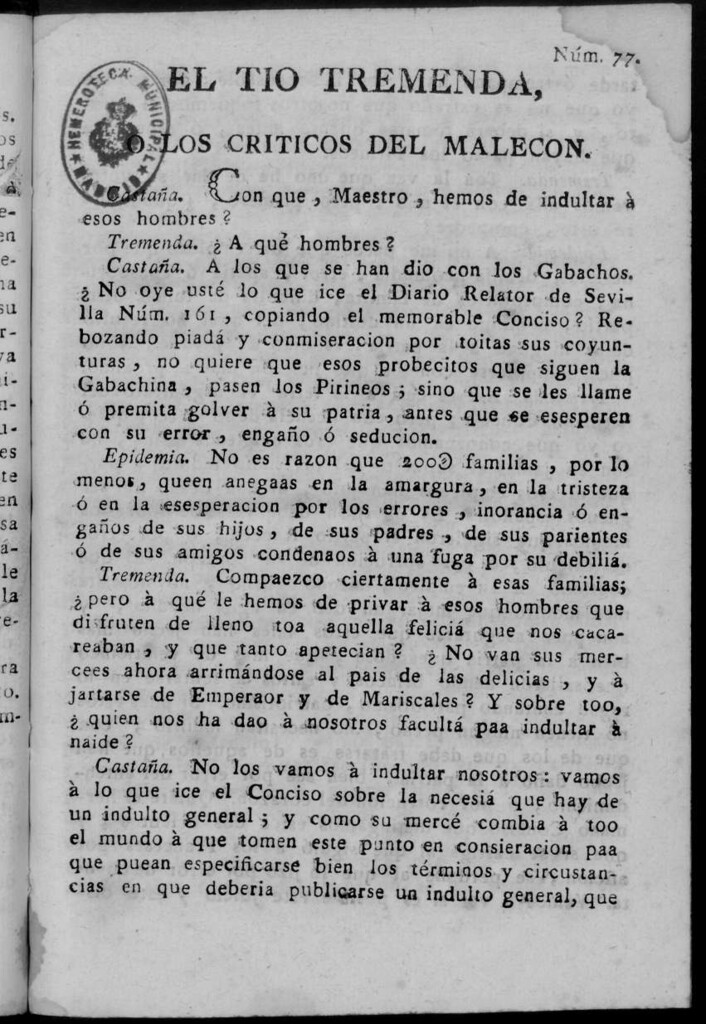 Miniatura de El Tío Tremenda ó Los Críticos del Malecón : papel periódico publicado en esta ciudad / su autor D.J.M.D.R. Número 77