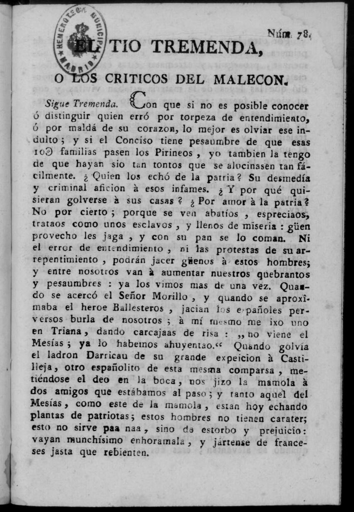 Miniatura de El Tío Tremenda ó Los Críticos del Malecón : papel periódico publicado en esta ciudad / su autor D.J.M.D.R. Número 78