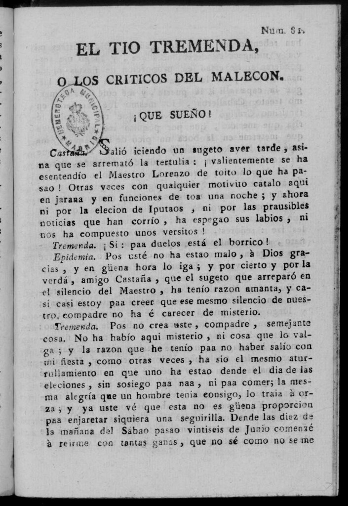 Miniatura de El Tío Tremenda ó Los Críticos del Malecón : papel periódico publicado en esta ciudad / su autor D.J.M.D.R. Número 81
