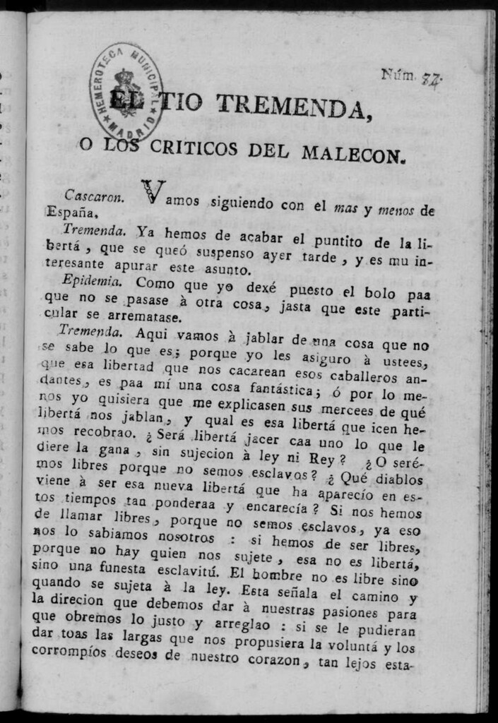 Miniatura de El Tío Tremenda ó Los Críticos del Malecón : papel periódico publicado en esta ciudad / su autor D.J.M.D.R. Número 84