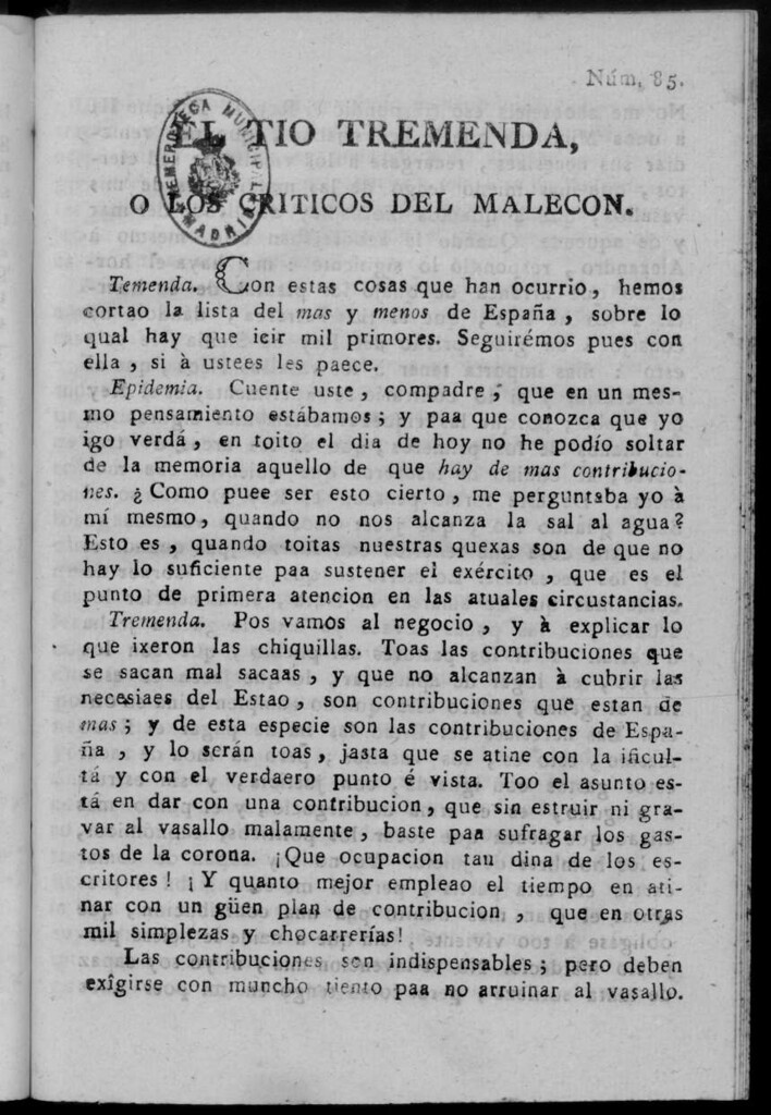 Miniatura de El Tío Tremenda ó Los Críticos del Malecón : papel periódico publicado en esta ciudad / su autor D.J.M.D.R. Número 85