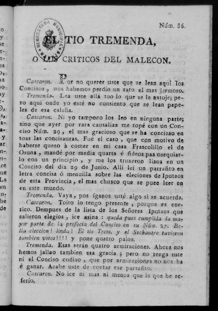 Miniatura de El Tío Tremenda ó Los Críticos del Malecón : papel periódico publicado en esta ciudad / su autor D.J.M.D.R. Número 86