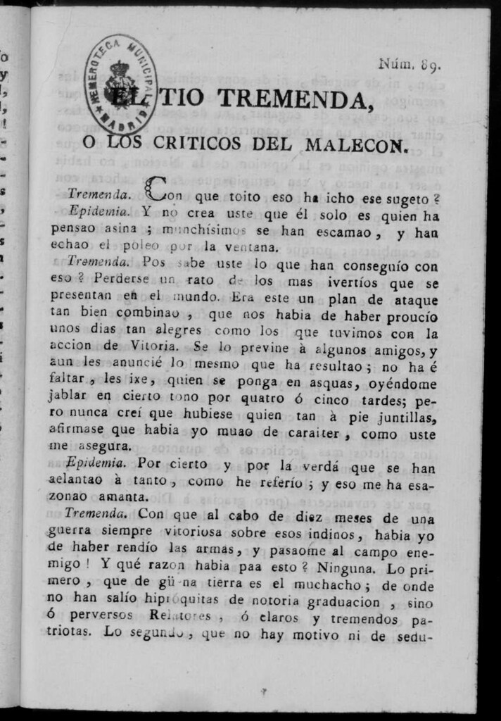 Miniatura de El Tío Tremenda ó Los Críticos del Malecón : papel periódico publicado en esta ciudad / su autor D.J.M.D.R. Número 89