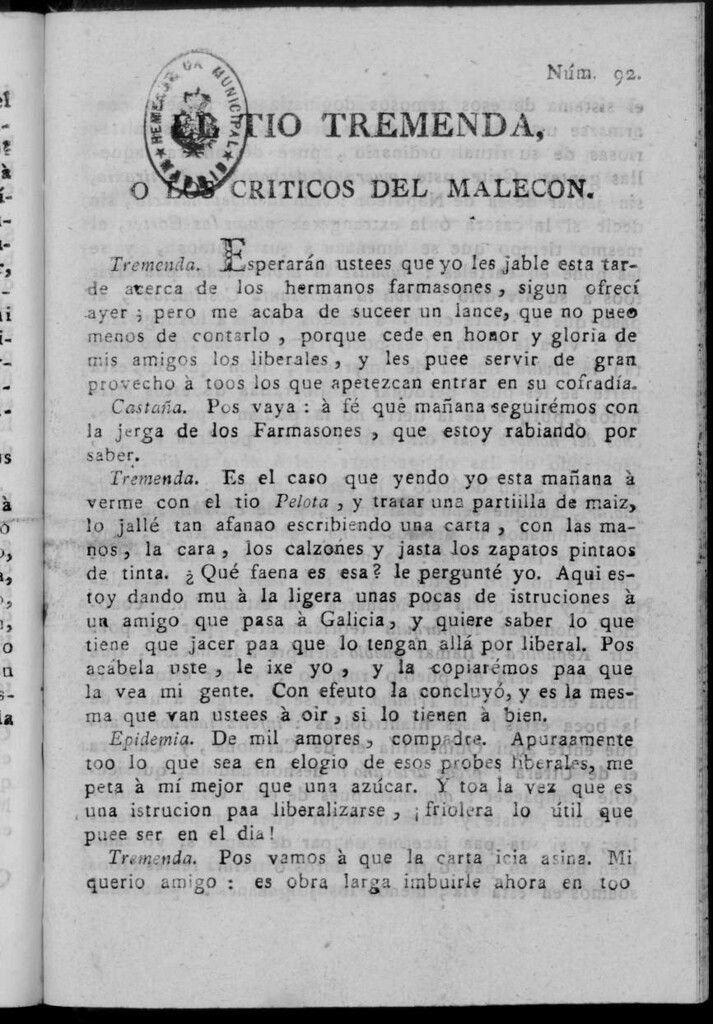 Miniatura de El Tío Tremenda ó Los Críticos del Malecón : papel periódico publicado en esta ciudad / su autor D.J.M.D.R. Número 92