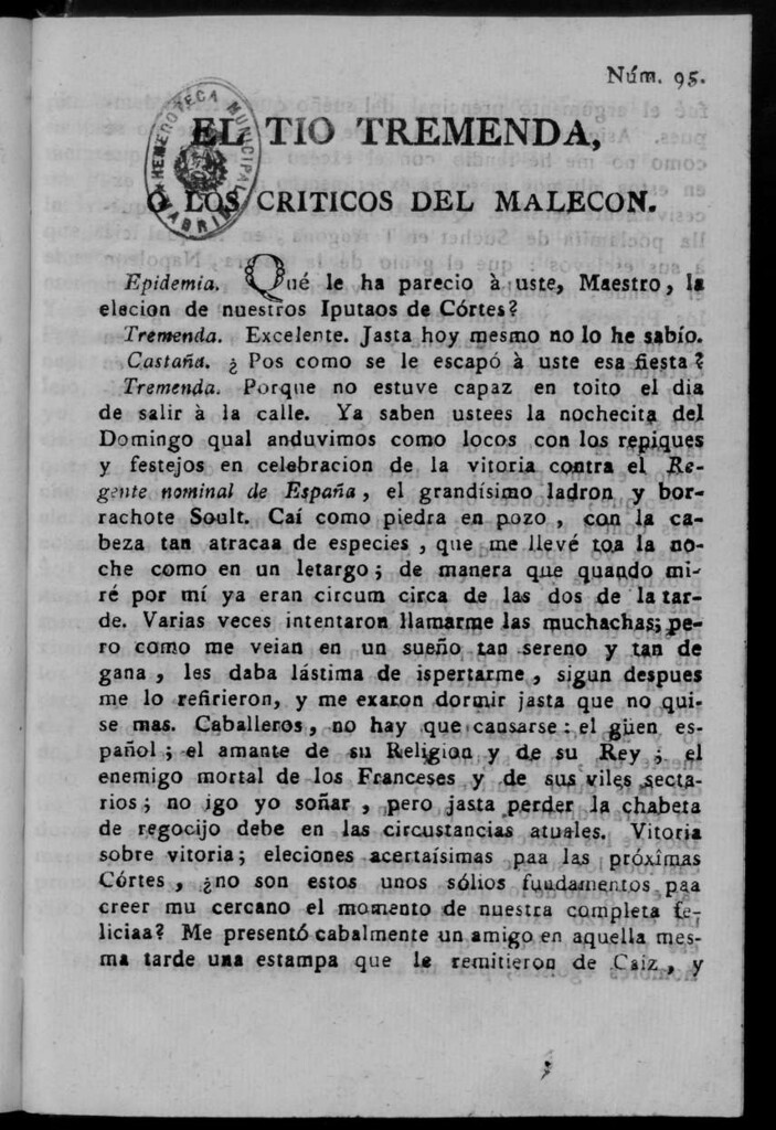 Miniatura de El Tío Tremenda ó Los Críticos del Malecón : papel periódico publicado en esta ciudad / su autor D.J.M.D.R. Número 95