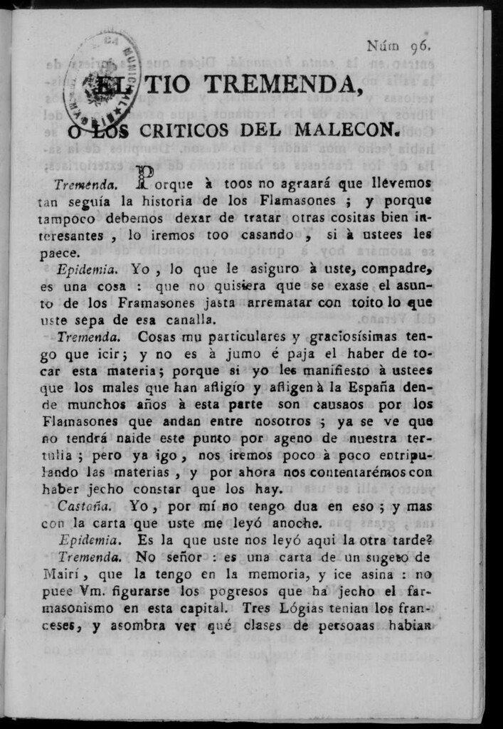 Miniatura de El Tío Tremenda ó Los Críticos del Malecón : papel periódico publicado en esta ciudad / su autor D.J.M.D.R. Número 96