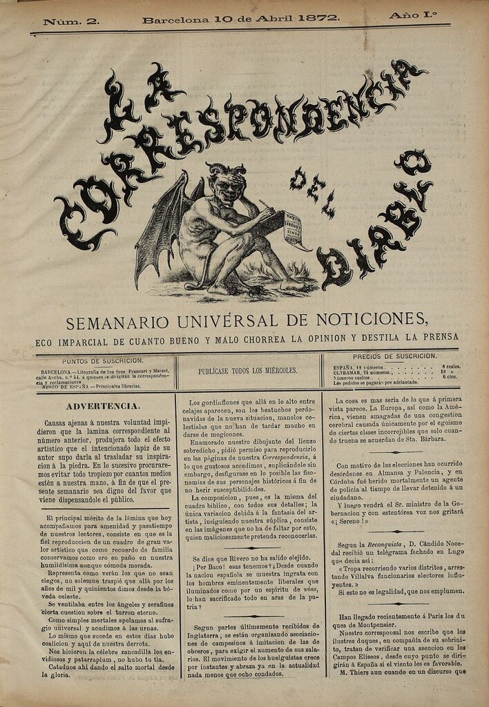 Miniatura de La Correspondencia del Diablo: semanario universal de noticiones: eco imparcial de cuanto bueno y malo chorrea la opinión y destila la prensa. Año 1. Num. 2