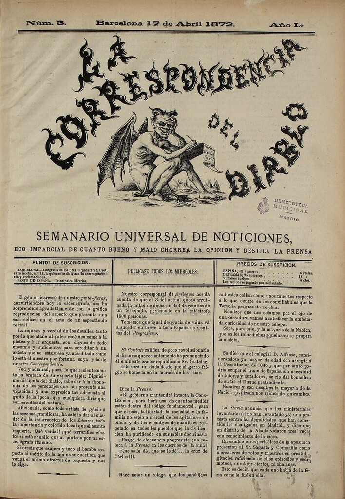 Miniatura de La Correspondencia del Diablo: semanario universal de noticiones: eco imparcial de cuanto bueno y malo chorrea la opinión y destila la prensa. Año 1. Num. 3