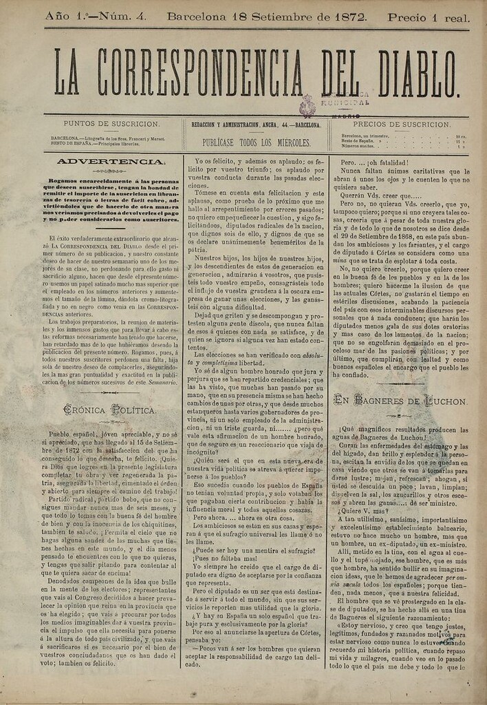 Miniatura de La Correspondencia del Diablo: semanario universal de noticiones: eco imparcial de cuanto bueno y malo chorrea la opinión y destila la prensa. Año 1. Num. 4