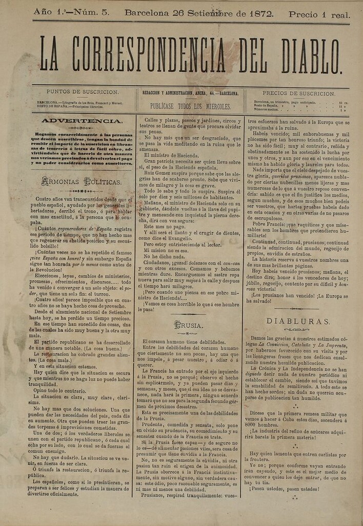 Miniatura de La Correspondencia del Diablo: semanario universal de noticiones: eco imparcial de cuanto bueno y malo chorrea la opinión y destila la prensa. Año 1. Num. 5