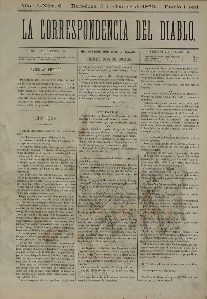 Miniatura de La Correspondencia del Diablo: semanario universal de noticiones: eco imparcial de cuanto bueno y malo chorrea la opinión y destila la prensa. Año 1. Num. 6