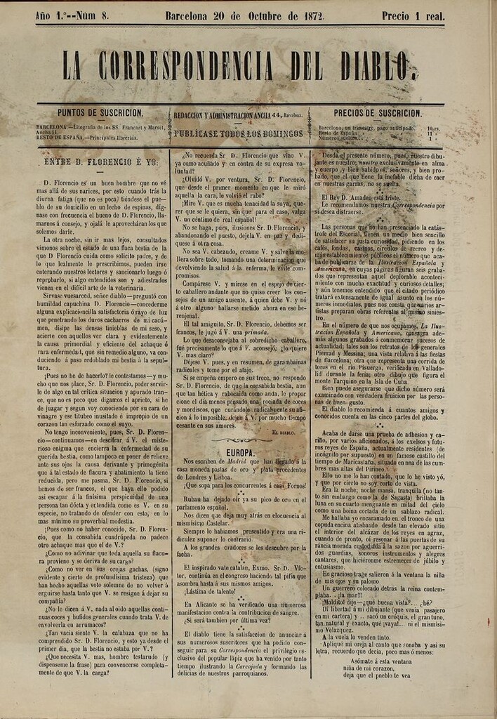 Miniatura de La Correspondencia del Diablo: semanario universal de noticiones: eco imparcial de cuanto bueno y malo chorrea la opinión y destila la prensa. Año 1. Num. 8