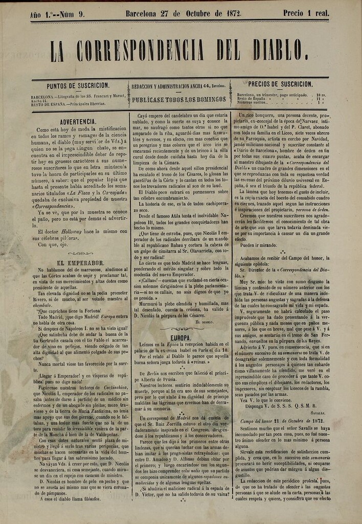 Miniatura de La Correspondencia del Diablo: semanario universal de noticiones: eco imparcial de cuanto bueno y malo chorrea la opinión y destila la prensa. Año 1. Num. 9