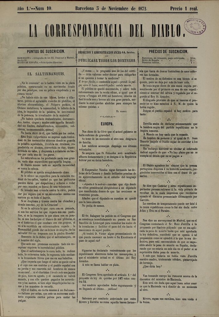 Miniatura de La Correspondencia del Diablo: semanario universal de noticiones: eco imparcial de cuanto bueno y malo chorrea la opinión y destila la prensa. Año 1. Num. 10