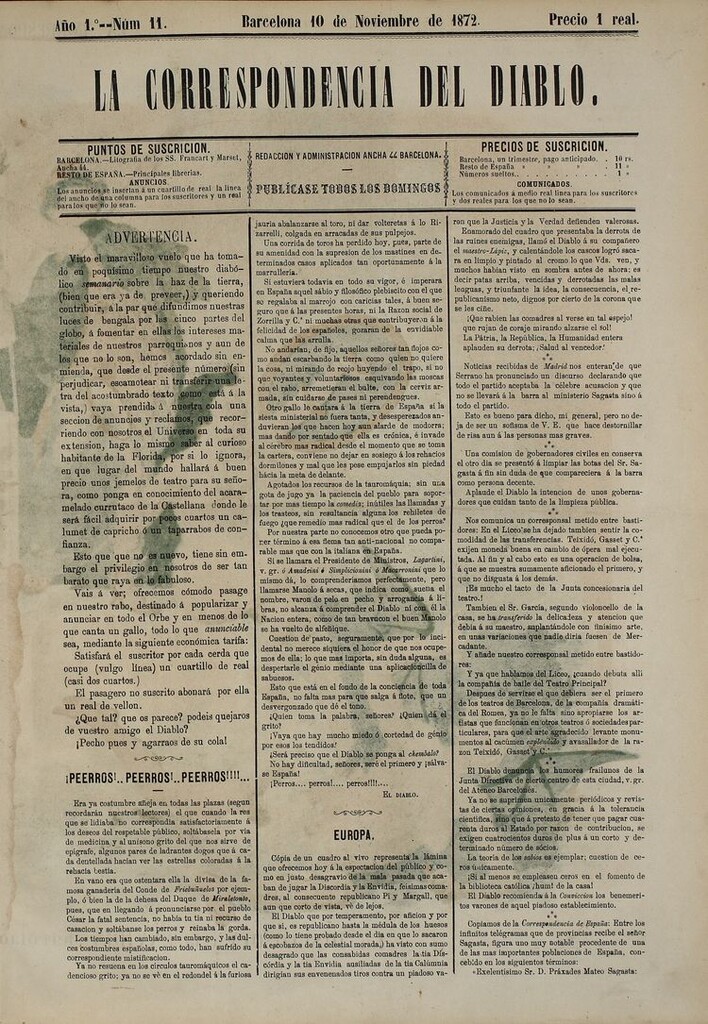 Miniatura de La Correspondencia del Diablo: semanario universal de noticiones: eco imparcial de cuanto bueno y malo chorrea la opinión y destila la prensa. Año 1. Num. 11