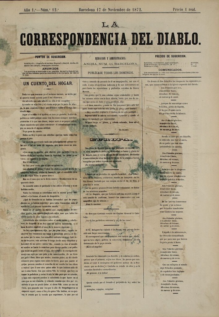 Miniatura de La Correspondencia del Diablo: semanario universal de noticiones: eco imparcial de cuanto bueno y malo chorrea la opinión y destila la prensa. Año 1. Num. 12