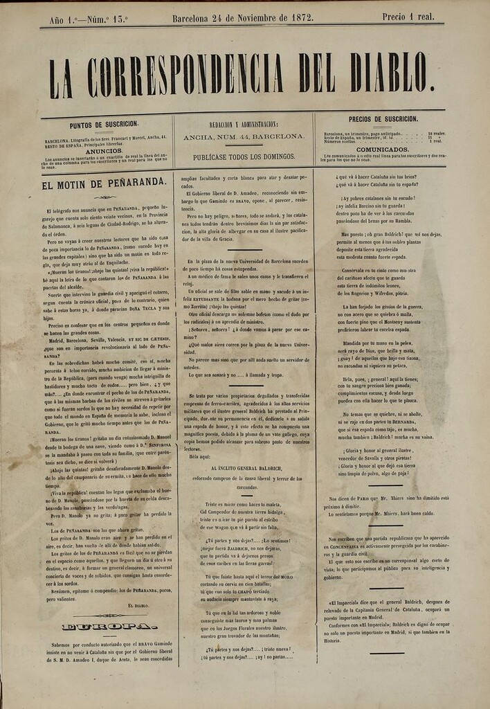 Miniatura de La Correspondencia del Diablo: semanario universal de noticiones: eco imparcial de cuanto bueno y malo chorrea la opinión y destila la prensa. Año 1. Num. 13