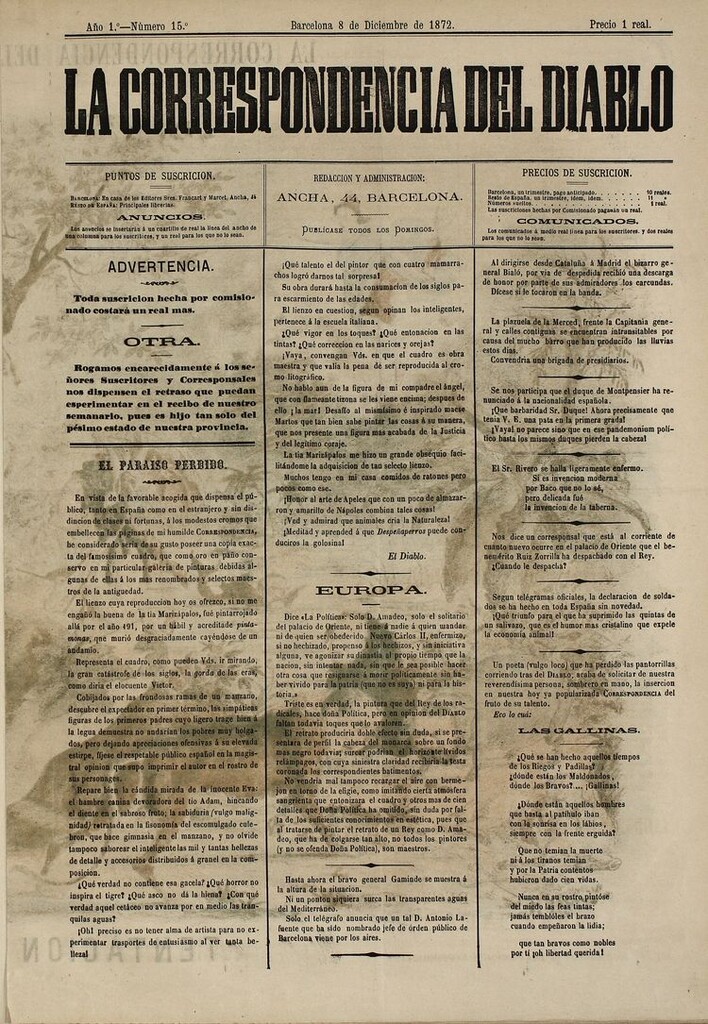 Miniatura de La Correspondencia del Diablo: semanario universal de noticiones: eco imparcial de cuanto bueno y malo chorrea la opinión y destila la prensa. Año 1. Num. 15