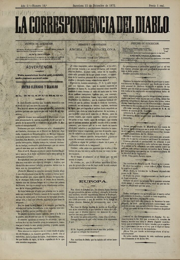 Miniatura de La Correspondencia del Diablo: semanario universal de noticiones: eco imparcial de cuanto bueno y malo chorrea la opinión y destila la prensa. Año 1. Num. 16