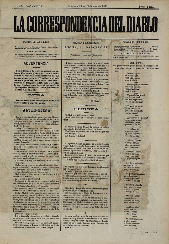 Miniatura de La Correspondencia del Diablo: semanario universal de noticiones: eco imparcial de cuanto bueno y malo chorrea la opinión y destila la prensa. Año 1. Num. 17