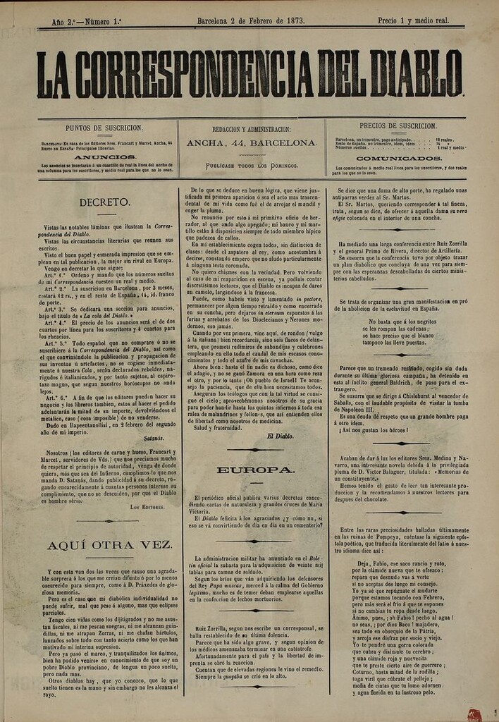 Miniatura de La Correspondencia del Diablo: semanario universal de noticiones: eco imparcial de cuanto bueno y malo chorrea la opinión y destila la prensa. Año 2. Num. 1
