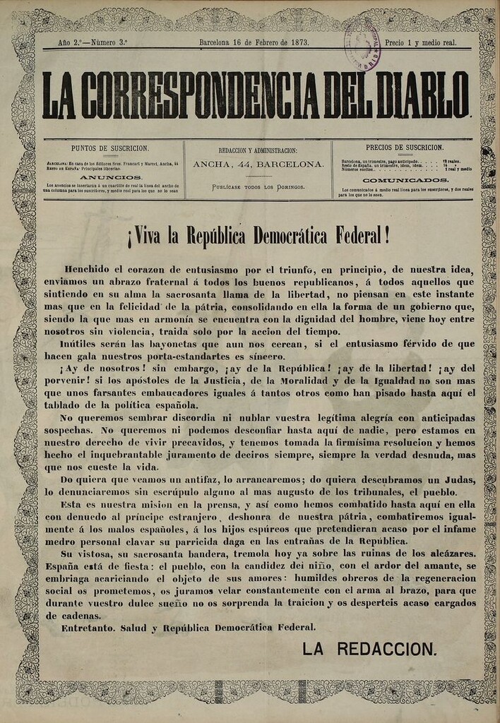 Miniatura de La Correspondencia del Diablo: semanario universal de noticiones: eco imparcial de cuanto bueno y malo chorrea la opinión y destila la prensa. Año 2. Num. 3