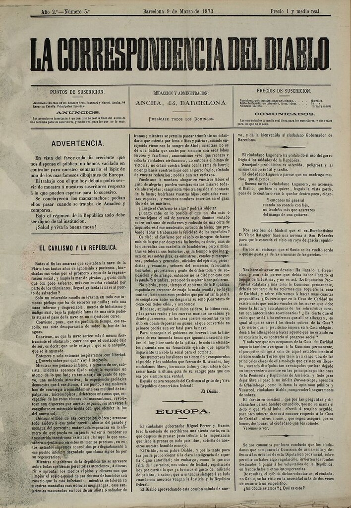 Miniatura de La Correspondencia del Diablo: semanario universal de noticiones: eco imparcial de cuanto bueno y malo chorrea la opinión y destila la prensa. Año 2. Num. 5