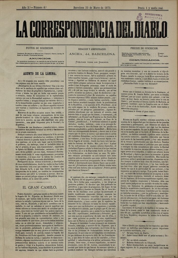 Miniatura de La Correspondencia del Diablo: semanario universal de noticiones: eco imparcial de cuanto bueno y malo chorrea la opinión y destila la prensa. Año 2. Num. 6