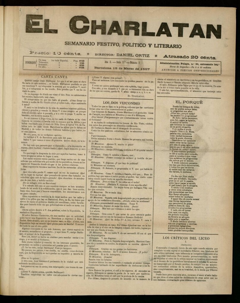 Miniatura de El Charlatán: semanario festivo, político y literario del 18 de marzo de 1887