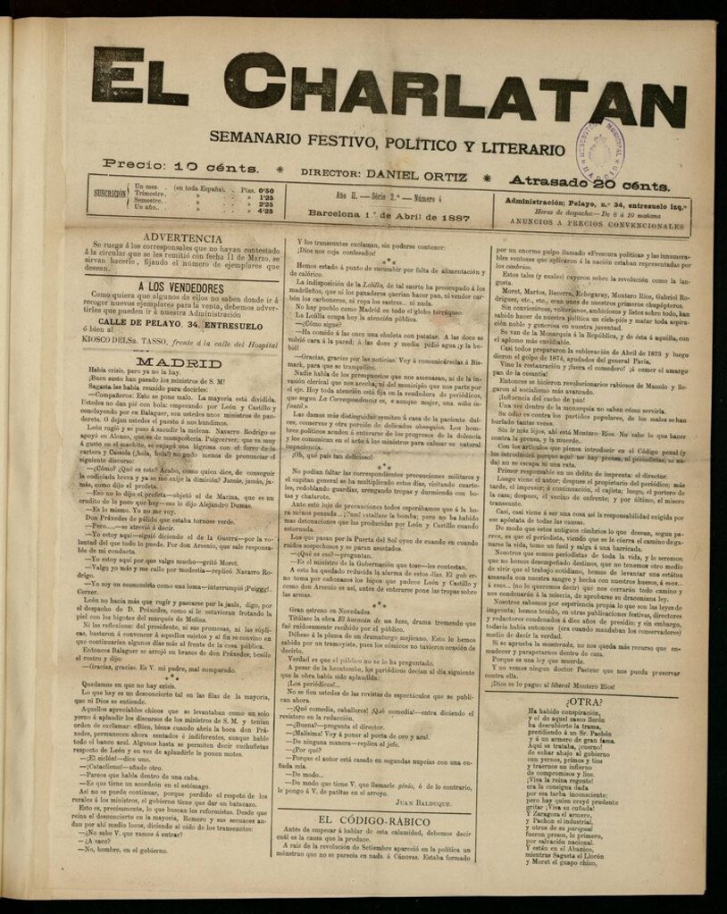 Miniatura de El Charlatán: semanario festivo, político y literario del 1 de abril de 1887