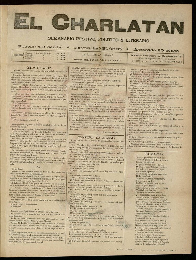 Miniatura de El Charlatán: semanario festivo, político y literario del 16 de abril de 1887