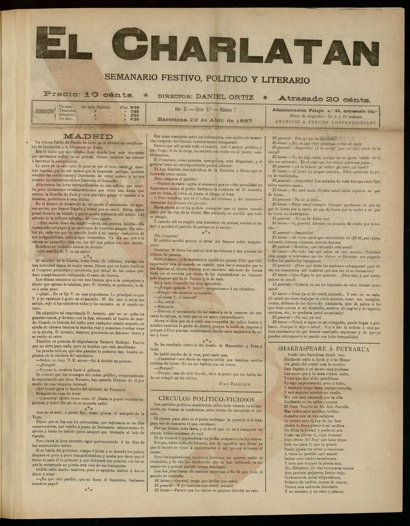 Miniatura de El Charlatán: semanario festivo, político y literario del 22 de abril de 1887