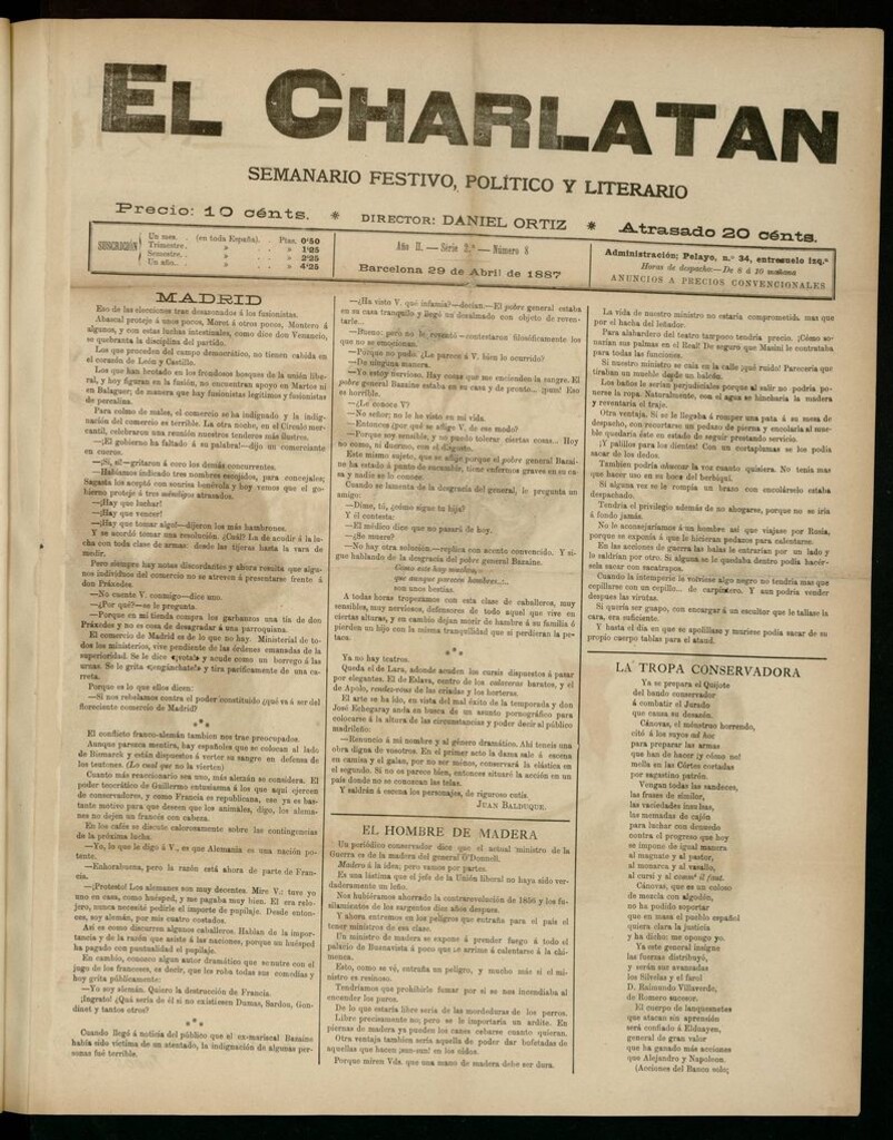 Miniatura de El Charlatán: semanario festivo, político y literario del 29 de abril de 1887