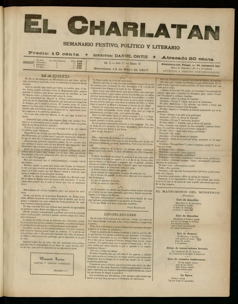 Miniatura de El Charlatán: semanario festivo, político y literario del 13 de Mayo de 1887