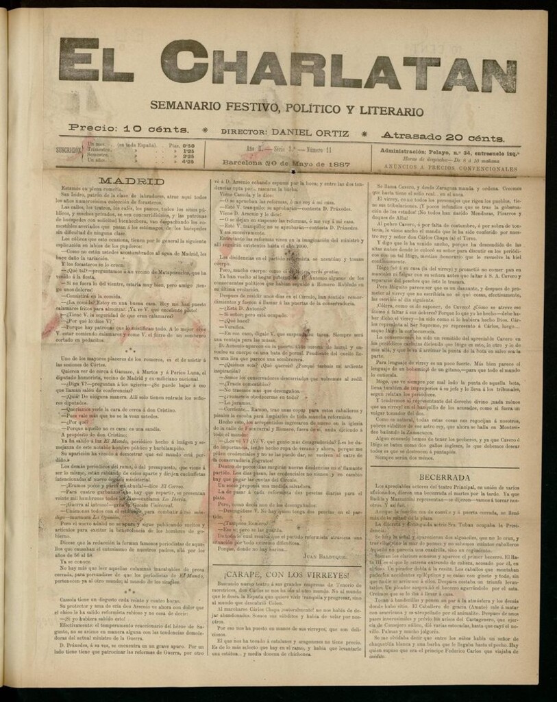Miniatura de El Charlatán: semanario festivo, político y literario del 20 de Mayo de 1887
