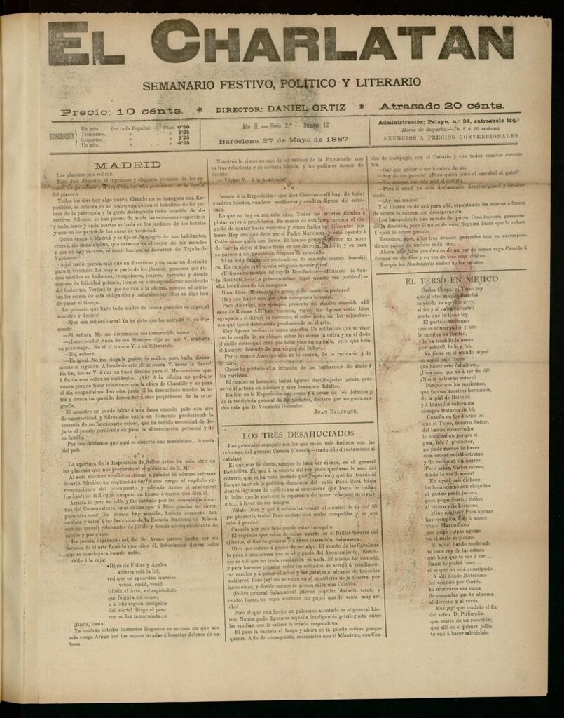 Miniatura de El Charlatán: semanario festivo, político y literario del 27 de Mayo de 1887