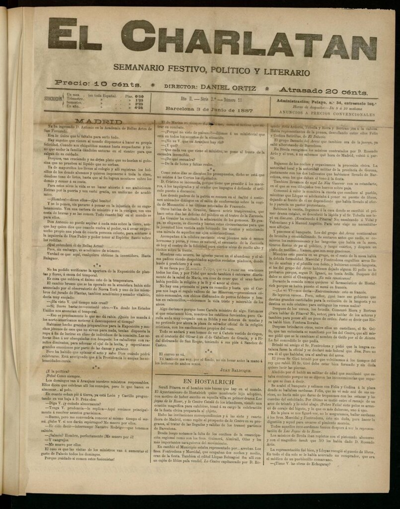 Miniatura de El Charlatán: semanario festivo, político y literario del 3 de Junio de 1887