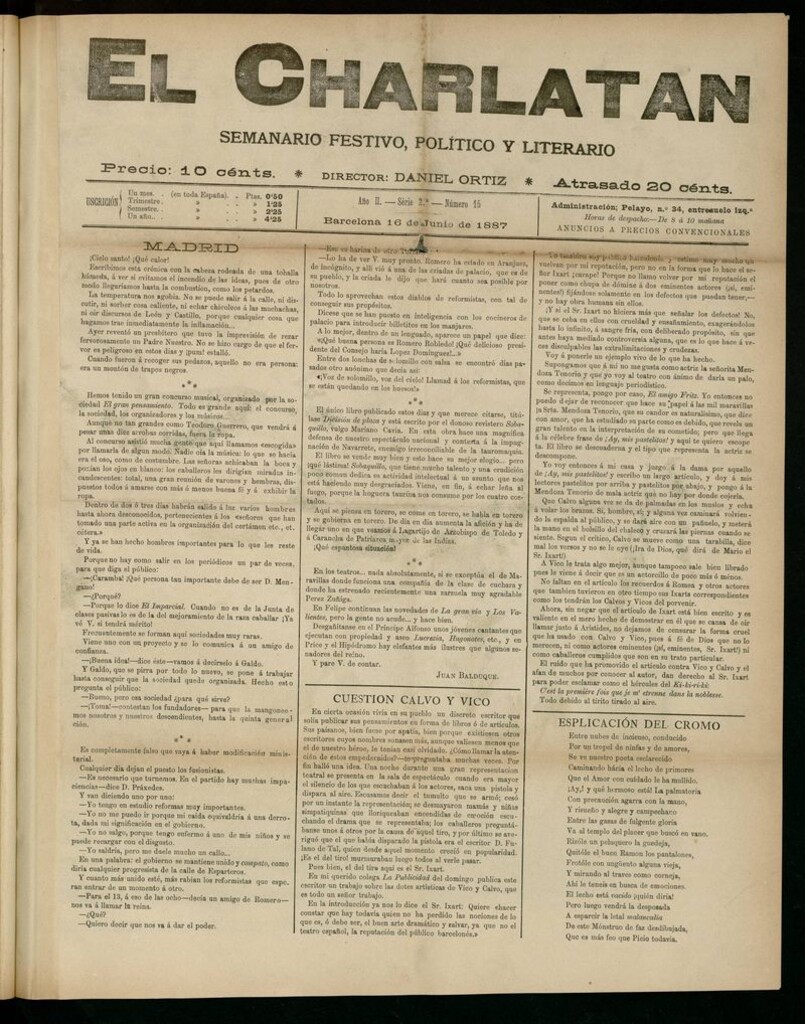 Miniatura de El Charlatán: semanario festivo, político y literario del 16 de Junio de 1887